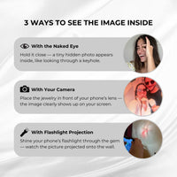 Thumbnail for 3 ways to see the image inside the Pink Photo Bracelet by Brother & Sisters: naked eye, camera, flashlight projection.
