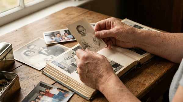 A woman's hands going through an open family photo album on a wooden table, holding a vintage 1960s portrait between her fingers, choosing the right photograph for a personalised projection necklace