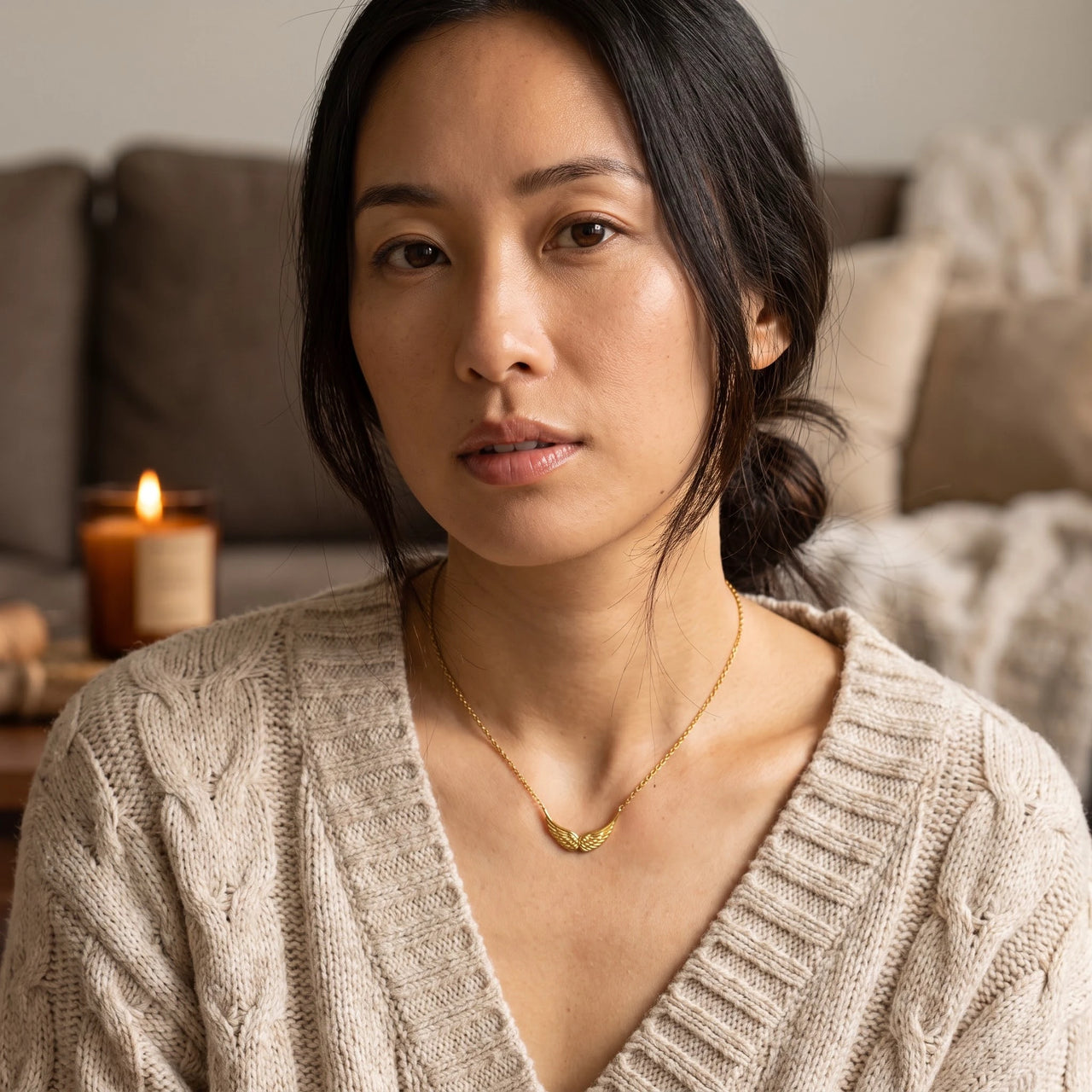 The gold necklace worn, close view | SKU: 42001-gold
