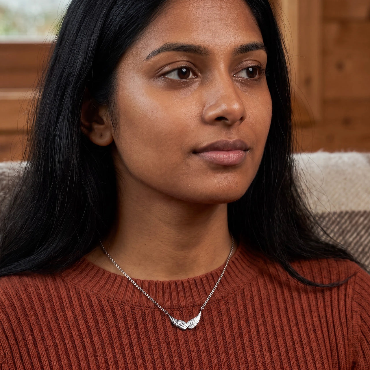 The silver necklace worn, close view | SKU: 42001-silver