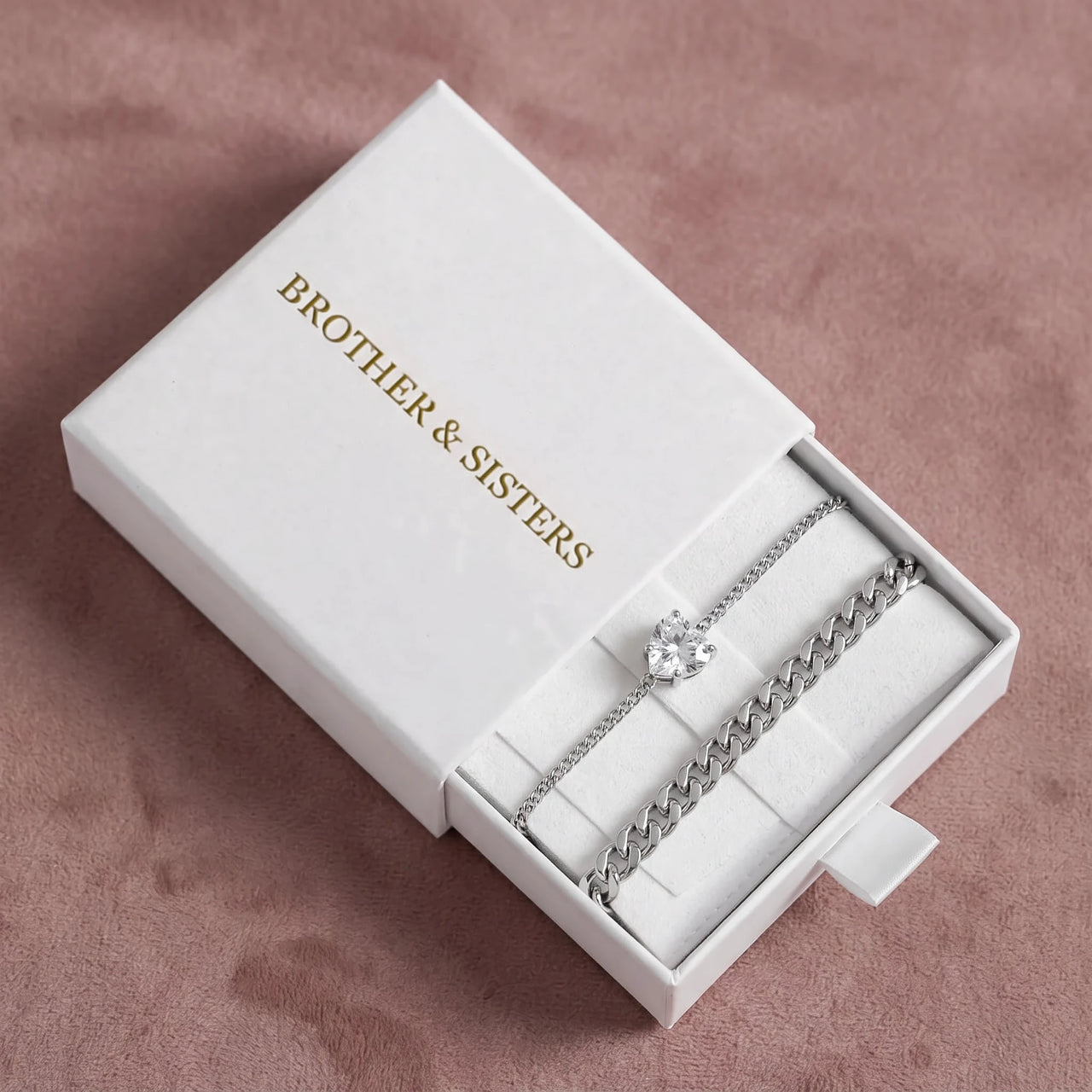 Heart Bond Matching Bracelet Set by Brother & Sisters in silver gift box