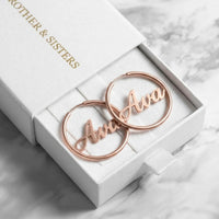 Thumbnail for Custom Name Hoop Earrings in Rose Gold in the Brother & Sisters gift box | SKU: name-hoop-rose-gold-30-mm