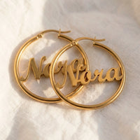 Thumbnail for Custom Name Hoop Earrings in Gold, macro detail of the metal and the finish | SKU: name-hoop-gold-30-mm
