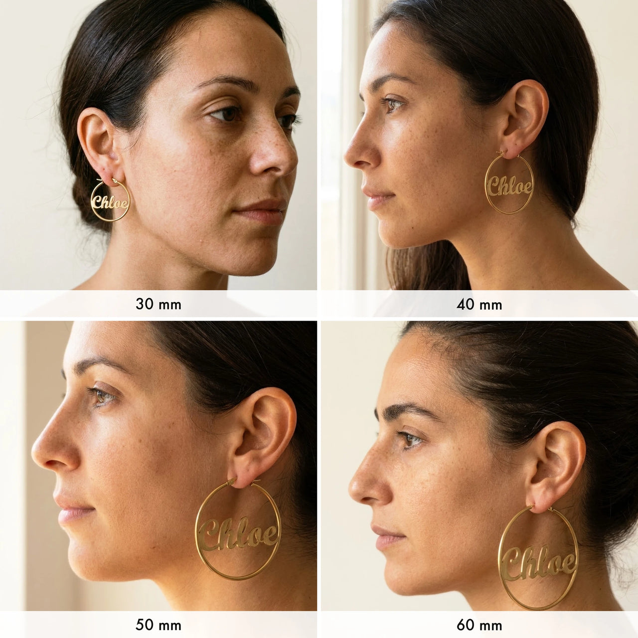 Custom Name Hoop Earrings worn in the four sizes, 30, 40, 50 and 60 mm, shown on the ear