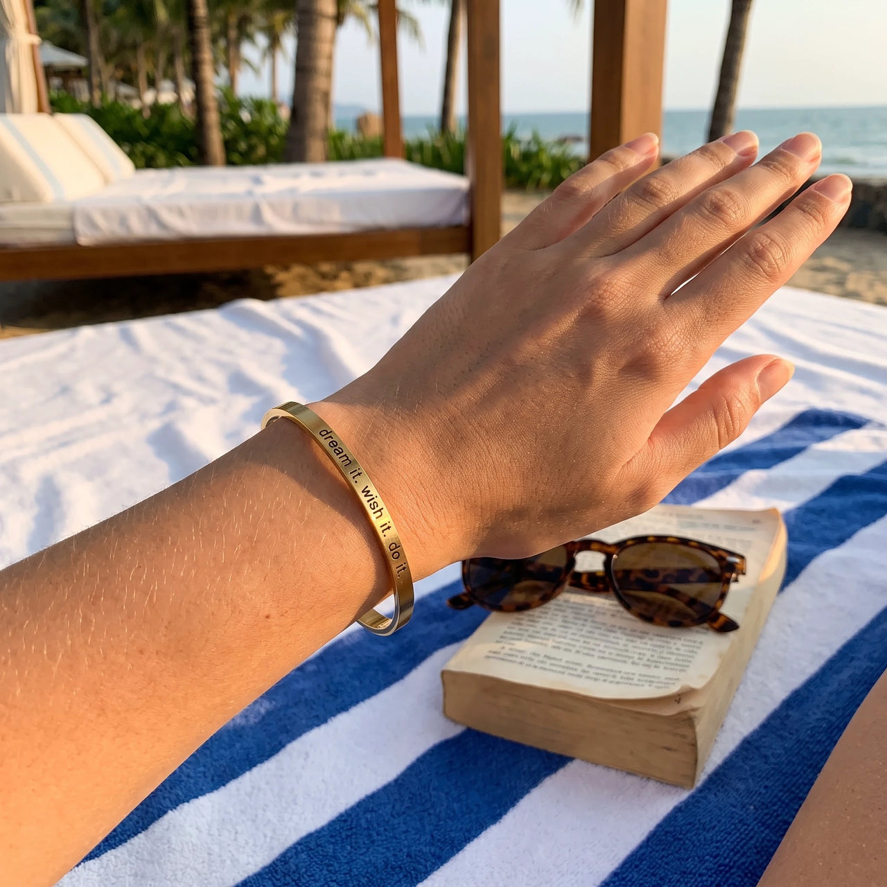 Gold engraved cuff bracelet worn, showing its real size | SKU: 4214557-gold-color