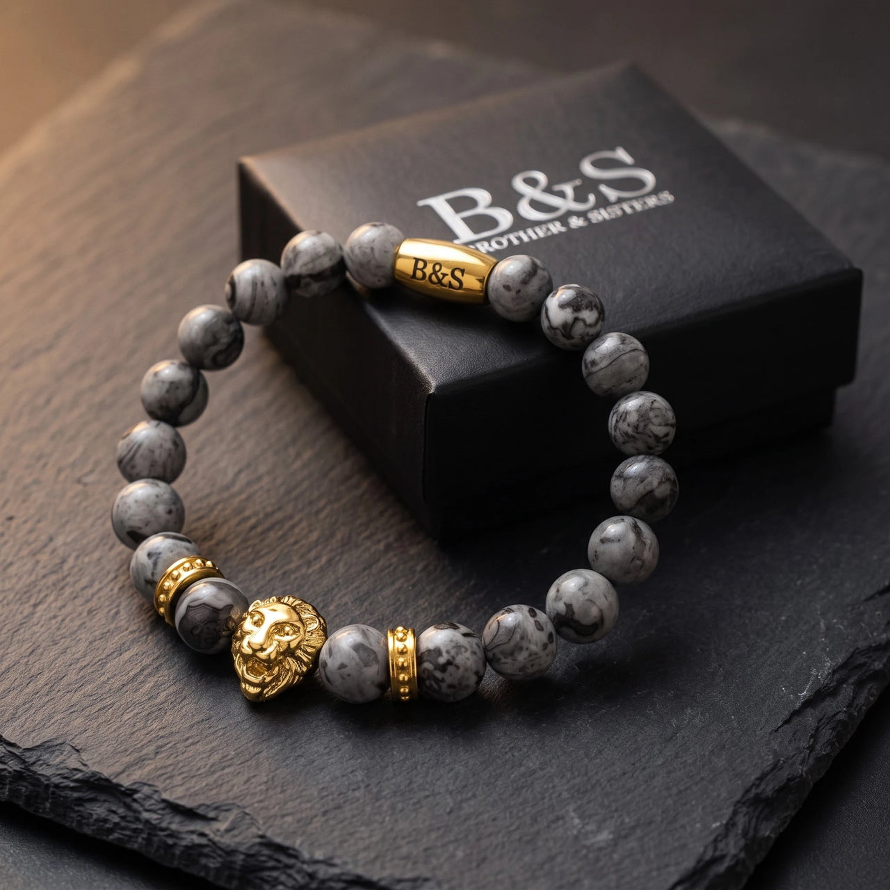 Gold Lion & Grey Stones Bracelet – in the Brother & Sisters gift box | Brother & Sisters | SKU: 20866222-gold-XS-14-15, 20866222-gold-S-16-17, 20866222-gold-M-18-19, 20866222-gold-L-20-21, 20866222-gold-XL-22-23