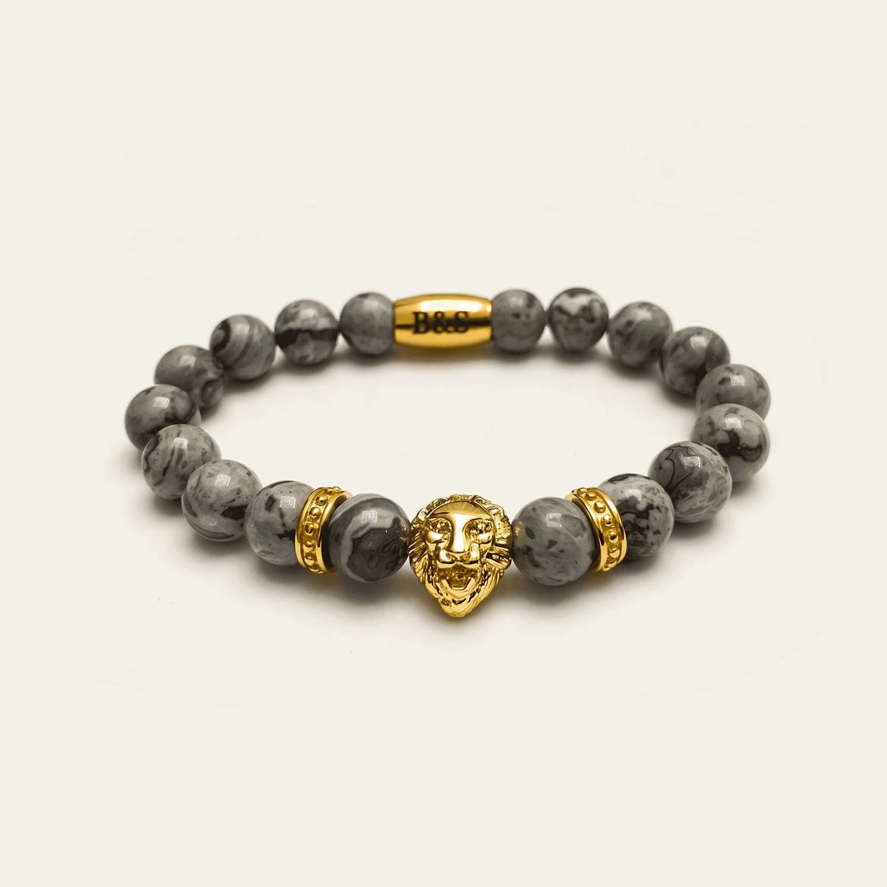 Gold Lion & Grey Stones Bracelet – studio packshot | Brother & Sisters | SKU: 20866222-gold-XS-14-15, 20866222-gold-S-16-17, 20866222-gold-M-18-19, 20866222-gold-L-20-21, 20866222-gold-XL-22-23