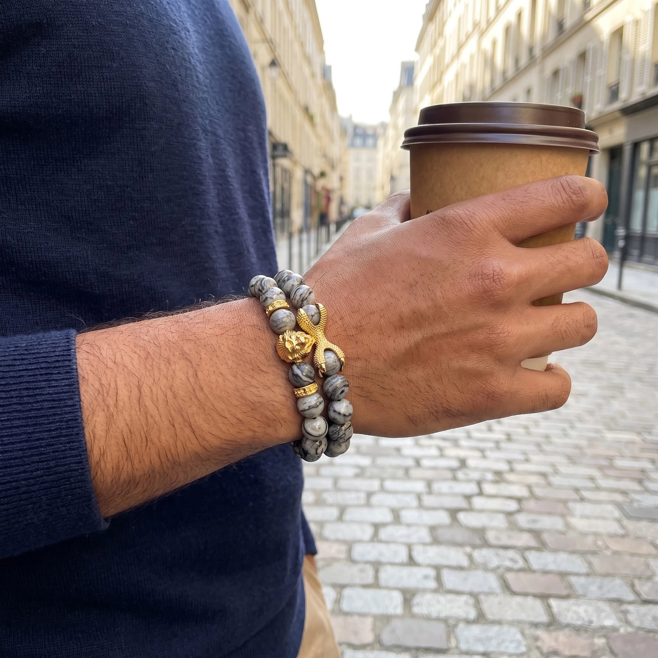Gold Lion & Grey Stones Set – held in a man's hand | Brother & Sisters | SKU: 21039839SET-gold-XS-14-15, 21039839SET-gold-S-16-17, 21039839SET-gold-M-18-19, 21039839SET-gold-L-20-21, 21039839SET-gold-XL-22-23