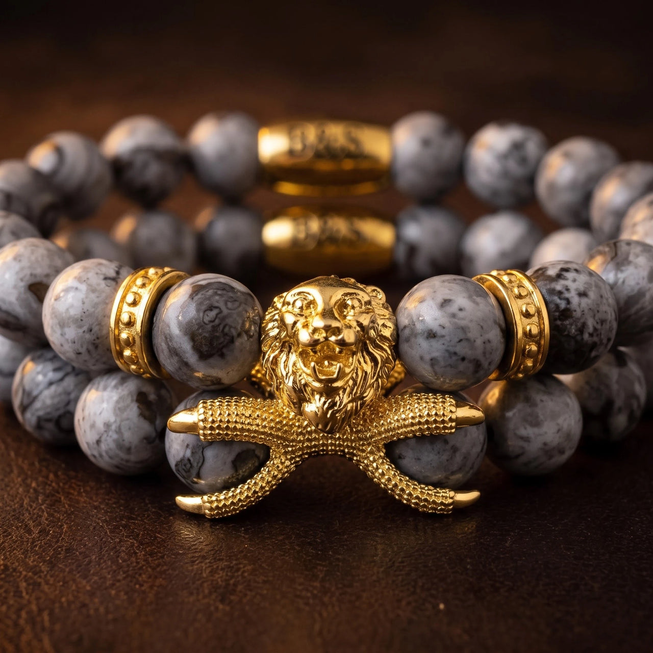 Gold Lion & Grey Stones Set – macro detail of the lion head | Brother & Sisters | SKU: 21039839SET-gold-XS-14-15, 21039839SET-gold-S-16-17, 21039839SET-gold-M-18-19, 21039839SET-gold-L-20-21, 21039839SET-gold-XL-22-23