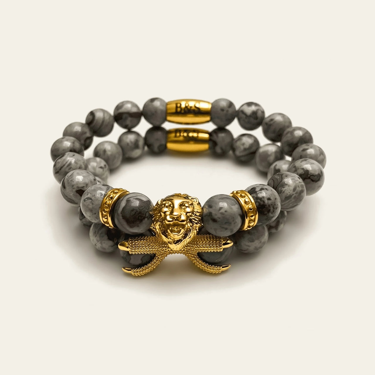 Gold Lion & Grey Stones Set – studio packshot | Brother & Sisters | SKU: 21039839SET-gold-XS-14-15, 21039839SET-gold-S-16-17, 21039839SET-gold-M-18-19, 21039839SET-gold-L-20-21, 21039839SET-gold-XL-22-23