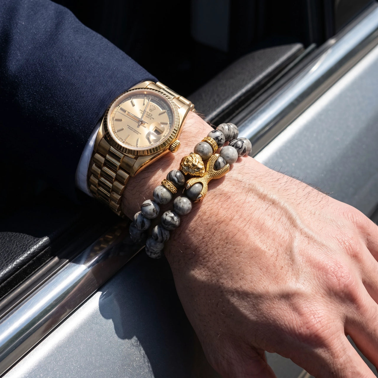 Gold Lion & Grey Stones Set – worn next to a luxury watch | Brother & Sisters | SKU: 21039839SET-gold-XS-14-15, 21039839SET-gold-S-16-17, 21039839SET-gold-M-18-19, 21039839SET-gold-L-20-21, 21039839SET-gold-XL-22-23