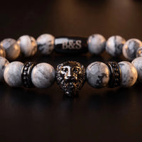 Thumbnail for Black Lion & Grey Stones Bracelet – macro detail of the lion head | Brother & Sisters | SKU: 20866222-gun-black-XS-14-15, 20866222-gun-black-S-16-17, 20866222-gun-black-M-18-19, 20866222-gun-black-L-20-21, 20866222-gun-black-XL-22-23