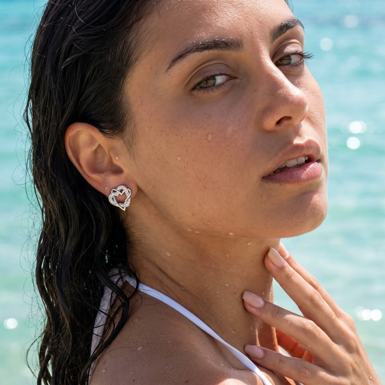 Silver stud earrings worn in the sea, waterproof stainless steel with water drops | SKU: 4478648-platinum-plated-clear
