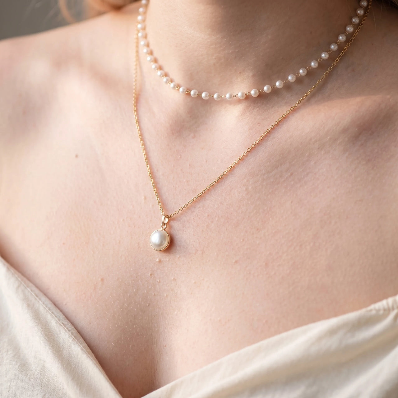 Perlen kette — Nahaufnahme der Details, Gold | SKU: lepure