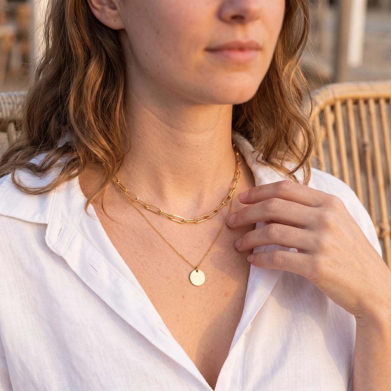 The Trendy, gold necklace — worn gesture | SKU: le-tendance-g