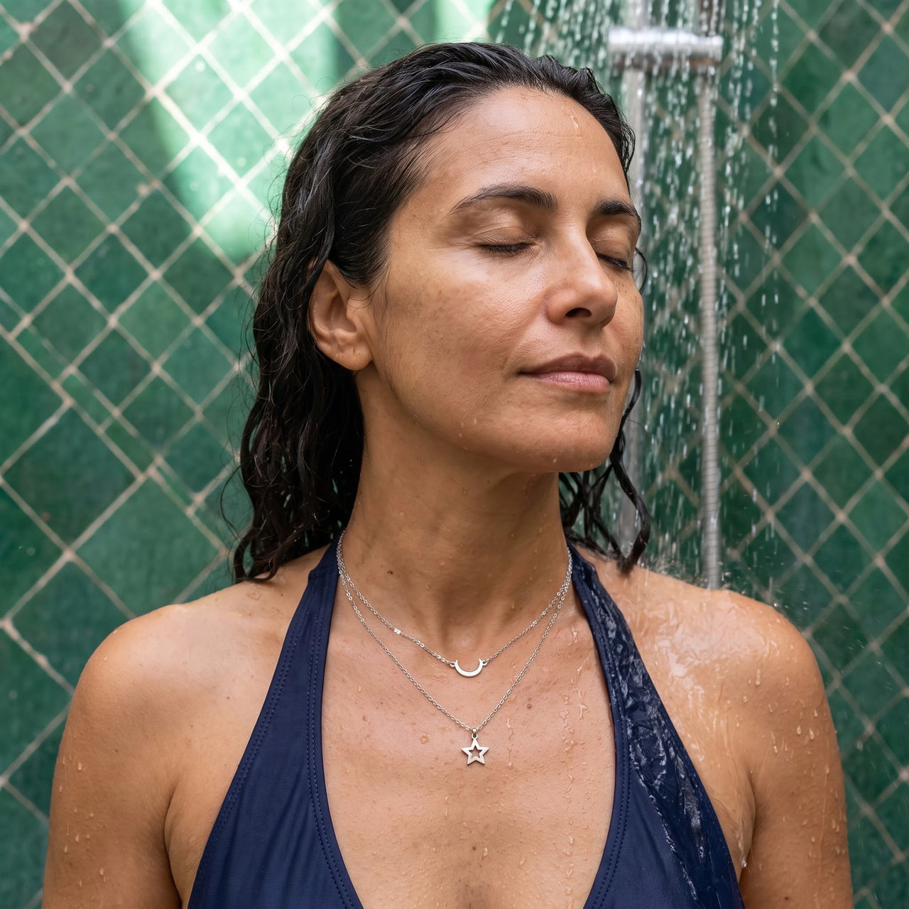 Moon & Star Necklace, silver necklace — outdoor shower | SKU: letoile-wg