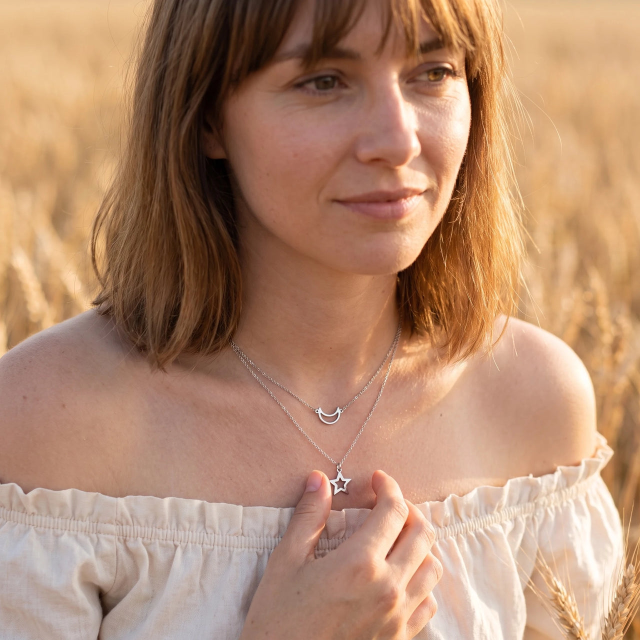 Moon & Star Necklace, silver necklace — worn gesture | SKU: letoile-wg