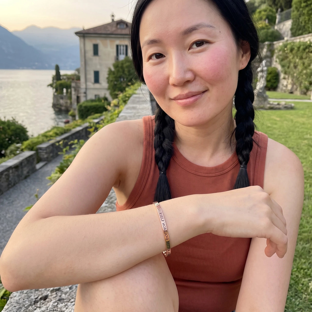 Love Yourself More And Better bracelet in rose gold worn on a getaway | SKU: lymab-rg