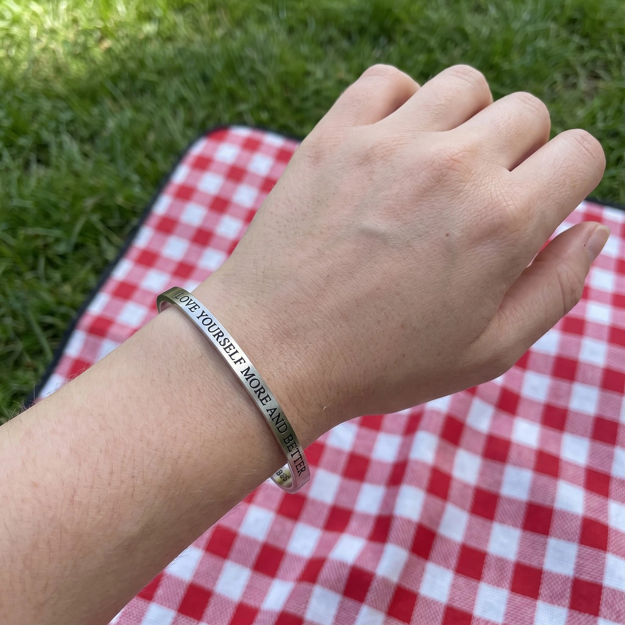 Love Yourself More And Better bracelet in silver worn, showing its real size | SKU: lymab-wg