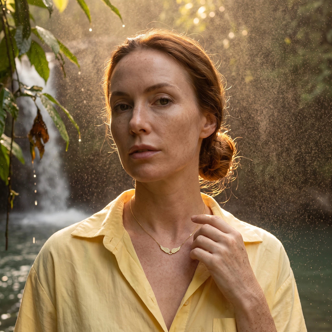 Woman gently touching her gold necklace | SKU: 42002-gold