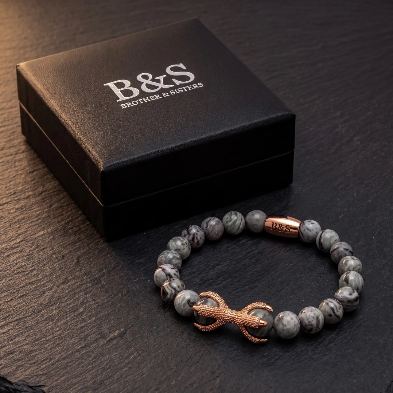 Rose Gold Viking & Grey Stones – in its Brother & Sisters gift box | Brother & Sisters | SKU: 21039839-rose-gold-XS-14-15, 21039839-rose-gold-S-16-17, 21039839-rose-gold-M-18-19, 21039839-rose-gold-L-20-21, 21039839-rose-gold-XL-22-23