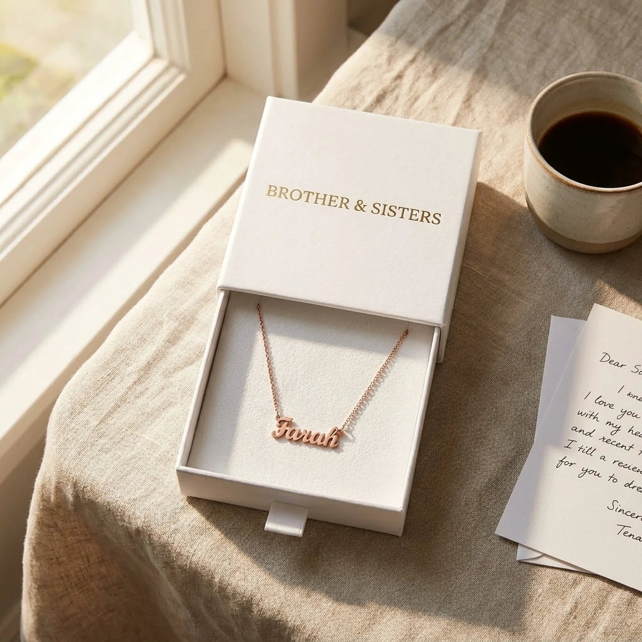 Minimalist Name Necklace in rose gold in its Brother & Sisters gift box with a handwritten card, the name Farah | SKU: minimalistnn-rosegold