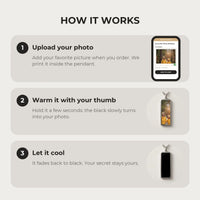 Thumbnail for How it works: upload your photo, warm the pendant with your thumb, let it cool back to black | SKU: TPH-BARN-SILVER