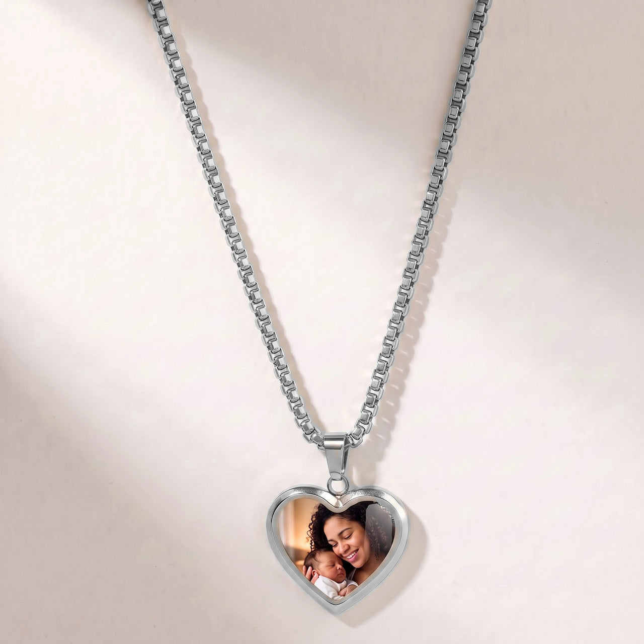 Secret Classic Heart Photo Necklace in silver, heart pendant on a box chain showing the hidden photo | SKU: TPH-CHTN-SILVER-SMALL