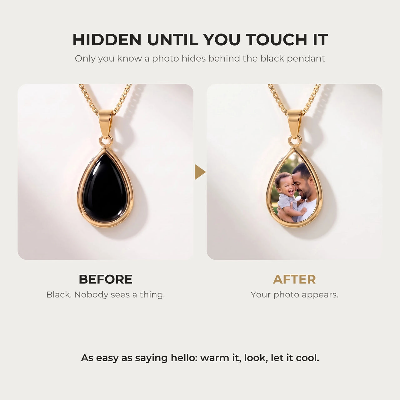 Before and after: the teardrop pendant of the gold necklace turns from black to the hidden photo with the warmth of a touch | SKU: TPH-DRPN-GOLD