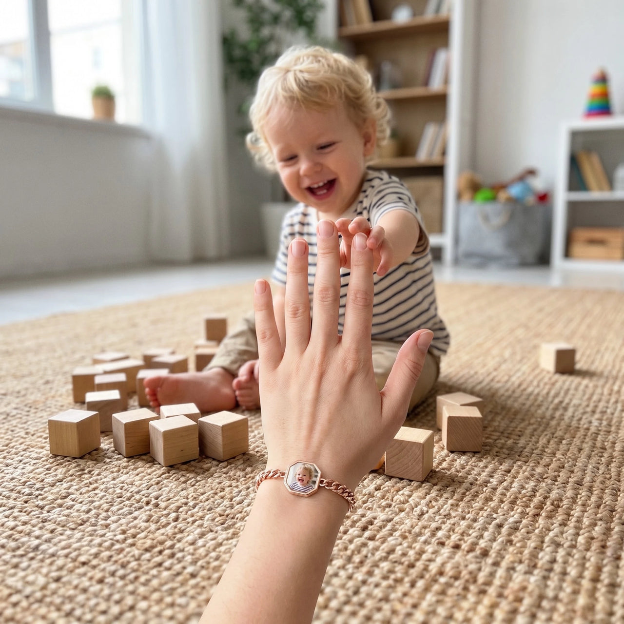 Customer photo: the rose gold octagon bracelet with her son's photo, her son in the background | SKU: TPH-OCTB-ROSEGOLD-18