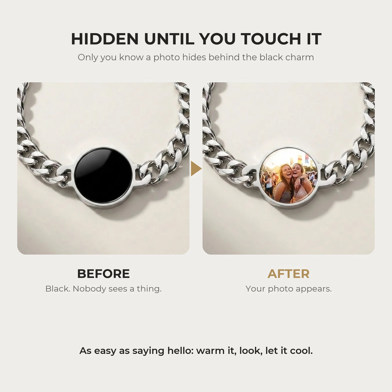 Before and after: black round charm on the silver bracelet, then the photo revealed by warmth | SKU: TPH-RNDB-SILVER