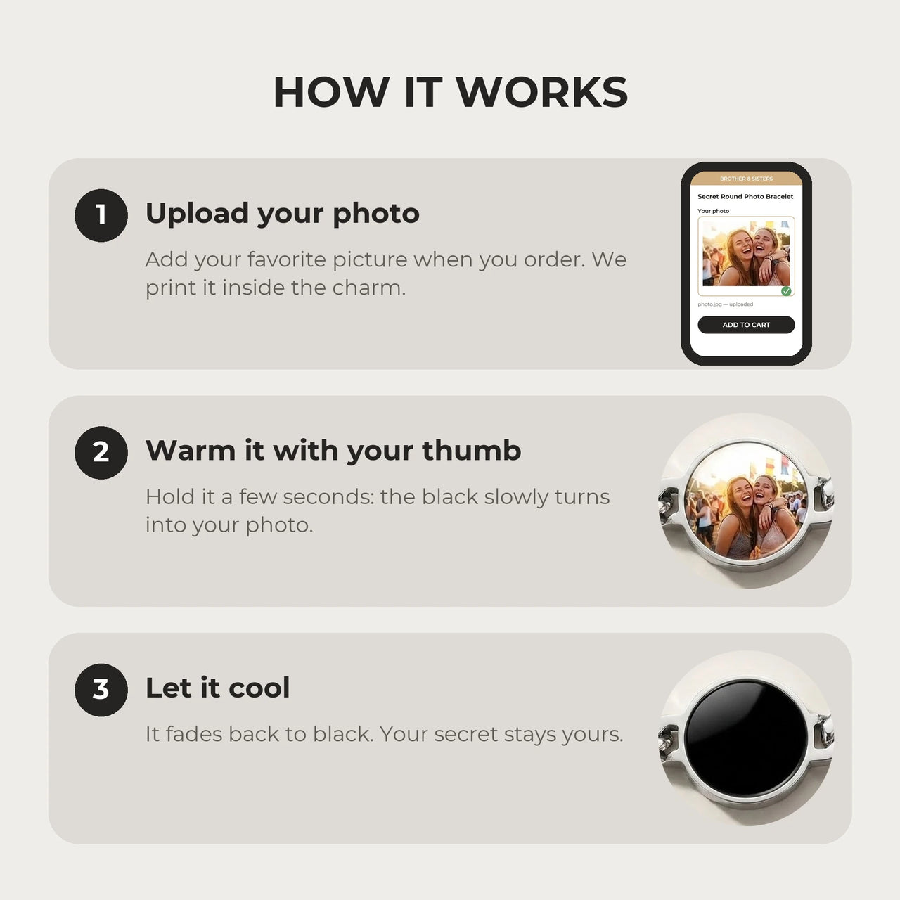 How it works: upload your photo, warm the round charm with your thumb, let it cool back to black | SKU: TPH-RNDB-SILVER