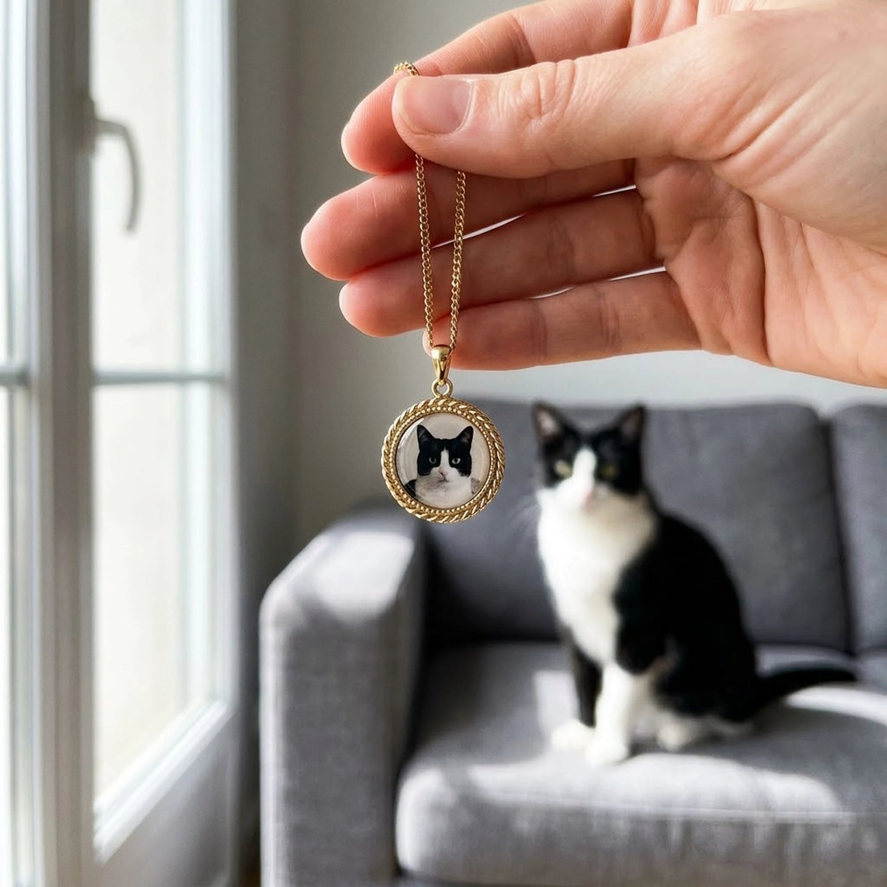 Customer photo: the gold round necklace with her cat's photo, her cat in the background | SKU: TPH-RNDN-GOLD