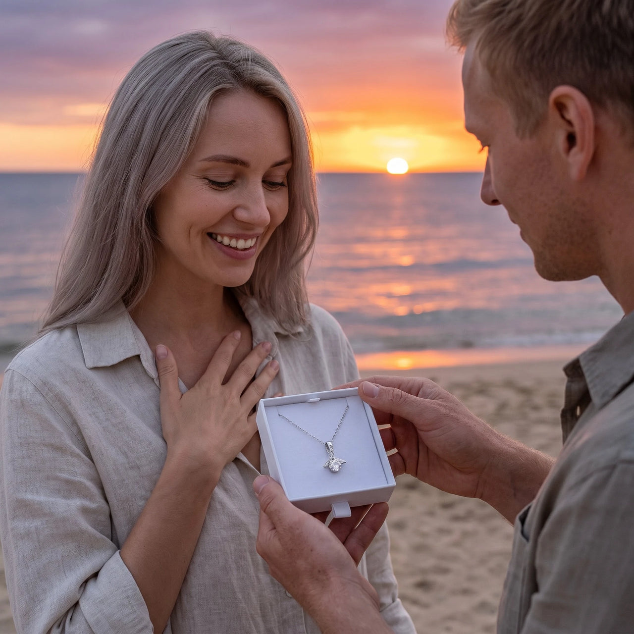 He surprises her with the silver necklace in its gift box | SKU: 6309048