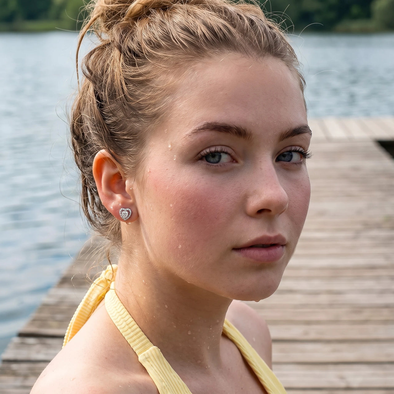 Boucles d'oreilles coeur — photo portée dans l'eau, waterproof, argent | SKU: 1953493