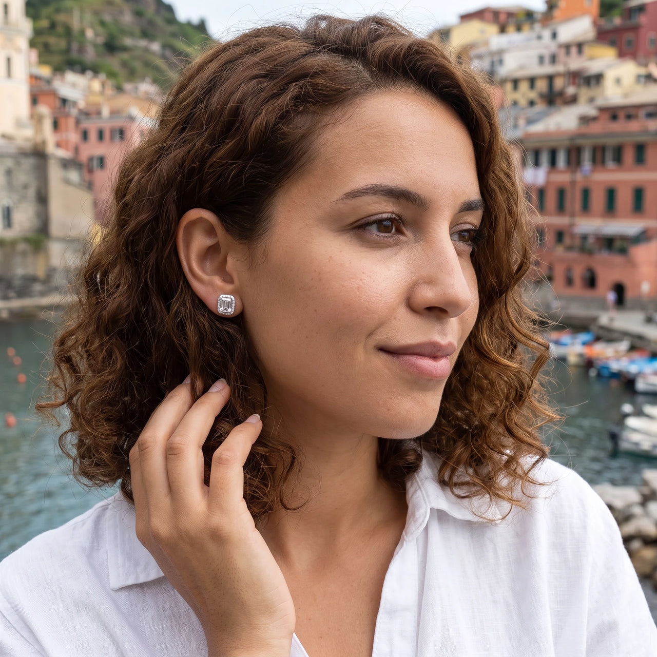 Silver stud earrings worn on a summer trip | SKU: 22683128