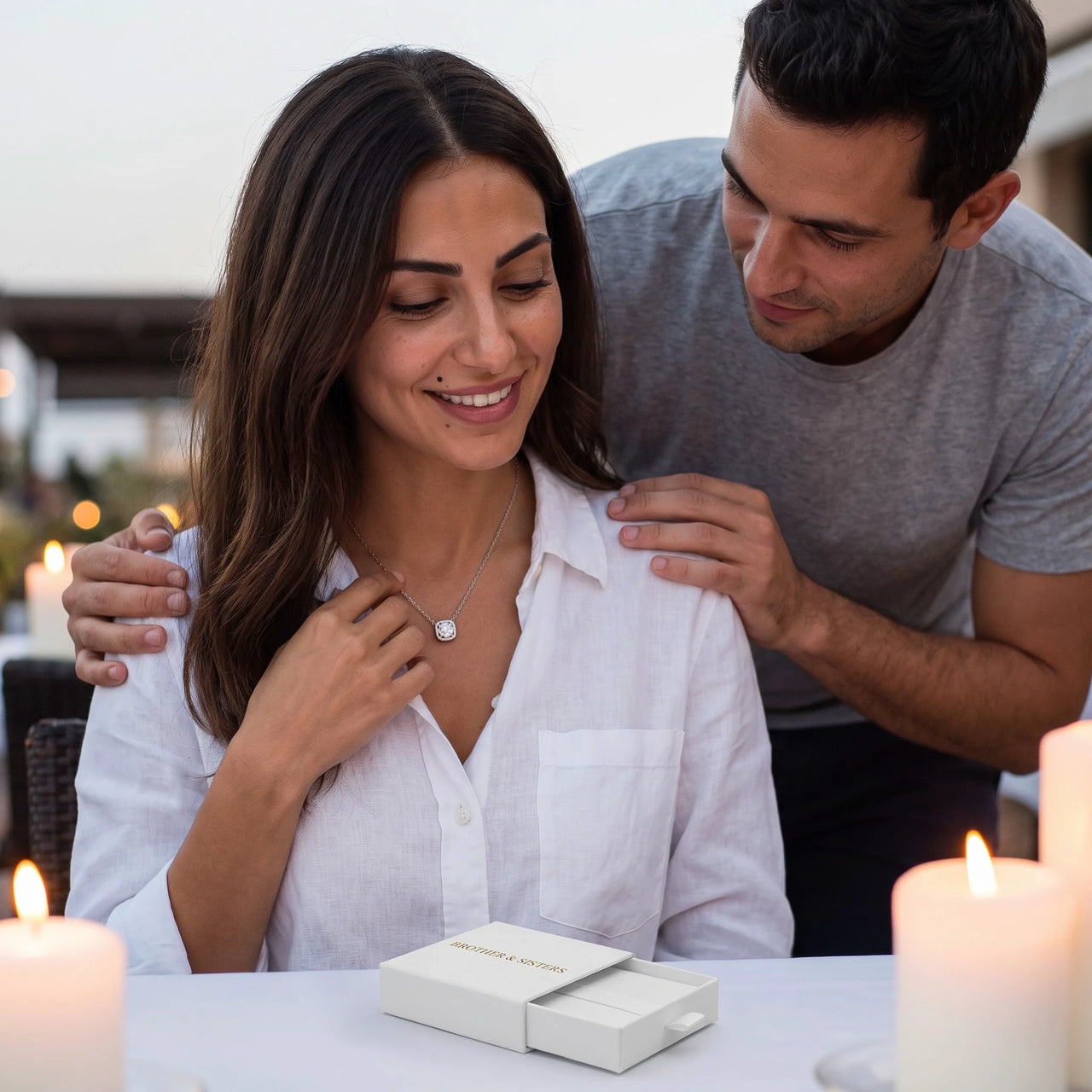 Halo necklace — worn by a couple, silver | SKU: 505721