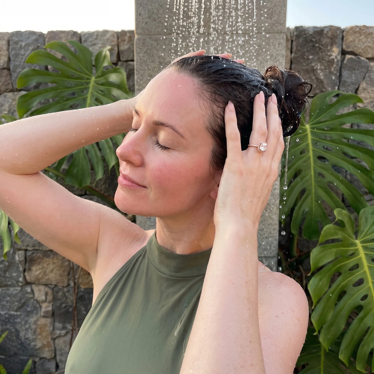 Rose Gold Timeless Ring worn in an outdoor shower | SKU: 497131-4.5-rose-gold