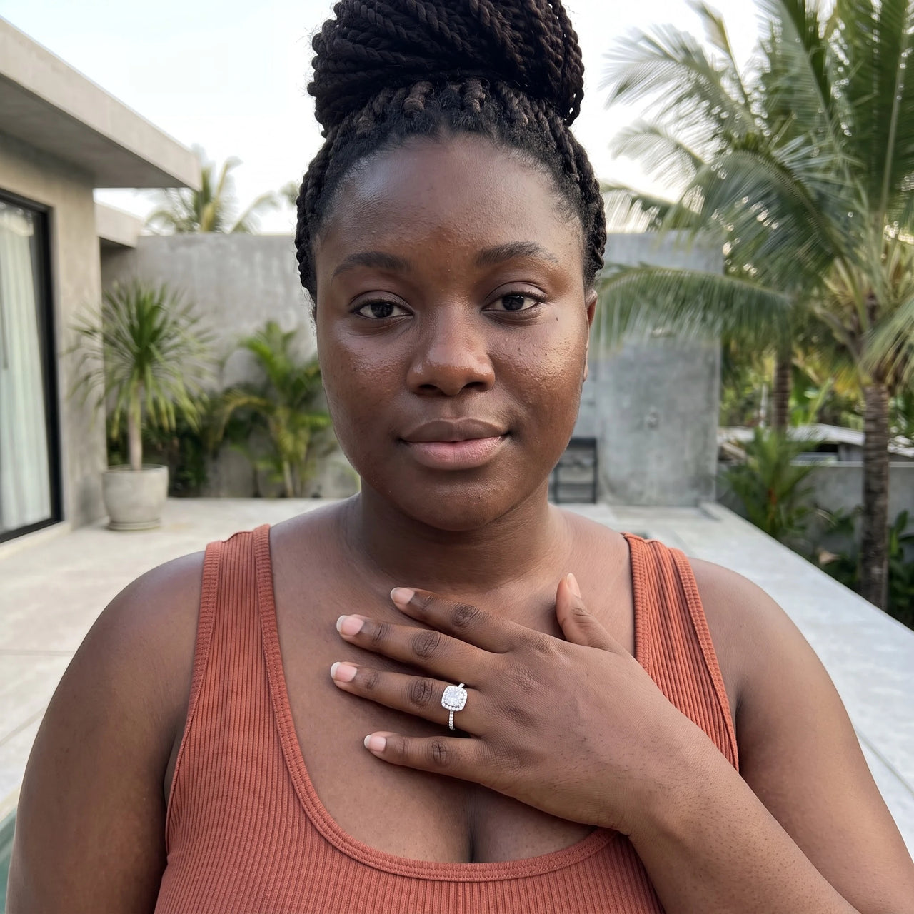 Woman gently touching her Silver Timeless Ring | SKU: 497131-4.5-silver