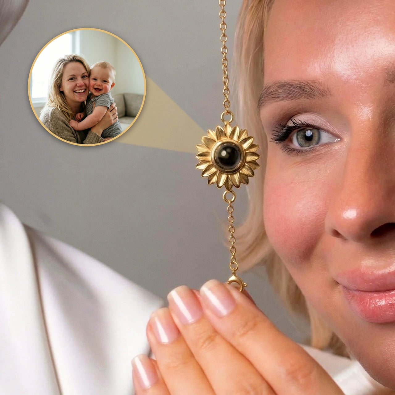 Sunflower Personalized Photo Bracelet Gold - close-up held beside the face with the projected photo of a mother and baby - Brother & Sisters