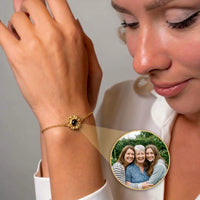 Thumbnail for Sunflower Personalized Photo Bracelet Gold - worn on a raised wrist with the projected family photo - Brother & Sisters