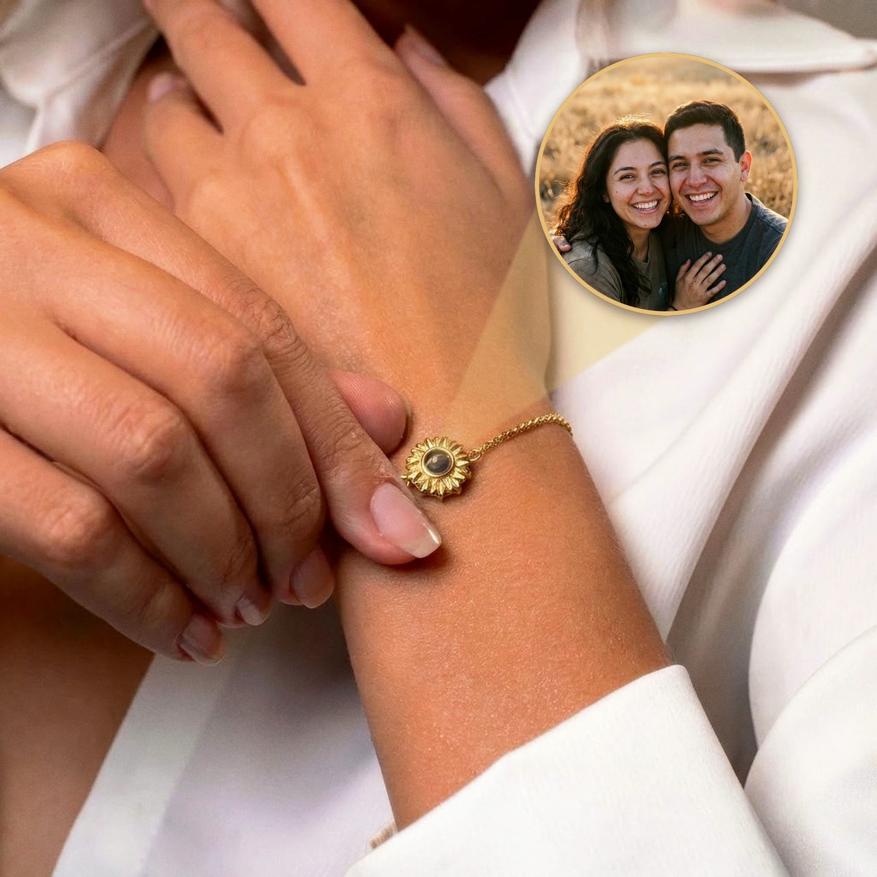 Sunflower Personalized Photo Bracelet Gold - worn on the wrist with the projected photo of a couple - Brother & Sisters